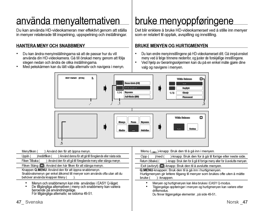 Samsung VP-HMX10/XEE manual Använda menyalternativen bruke menyoppføringene, Hantera Meny OCH Snabbmeny 