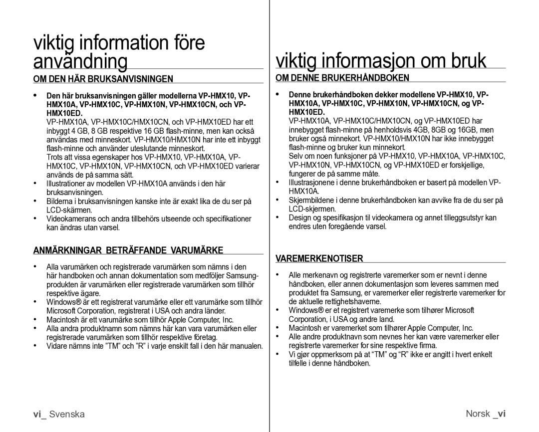 Samsung VP-HMX10/XEE manual OM DEN HÄR Bruksanvisningen, Anmärkningar Beträffande Varumärke, OM Denne Brukerhåndboken 