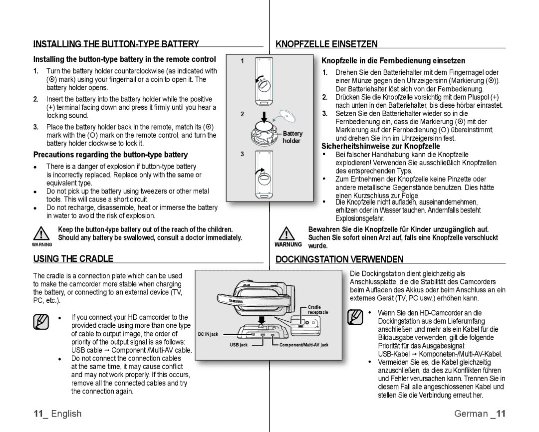 Samsung VP-HMX10C/XEF Installing the BUTTON-TYPE Battery Knopfzelle Einsetzen, Using the Cradle Dockingstation Verwenden 