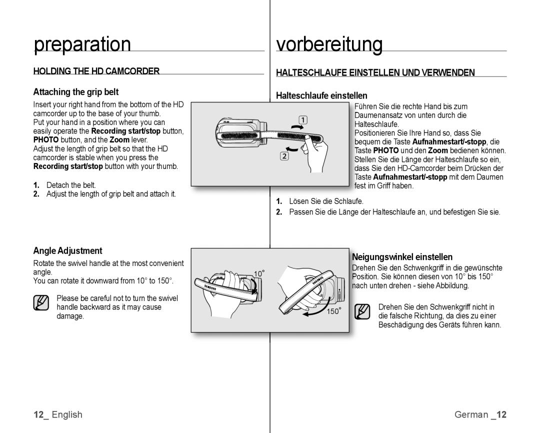 Samsung VP-HMX10C/XEE, VP-HMX10/XEF, VP-HMX10C/XEF manual Holding the HD Camcorder, Halteschlaufe Einstellen UND Verwenden 