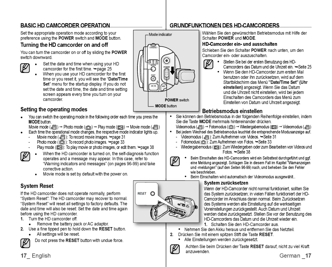 Samsung VP-HMX10C/KNT, VP-HMX10/XEF manual Basic HD Camcorder Operation, System Reset, Turning the HD camcorder on and off 