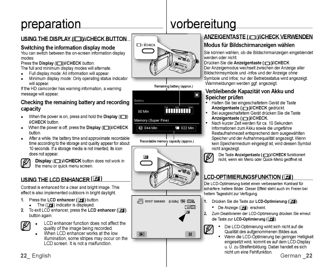 Samsung VP-HMX10ED/MEA, VP-HMX10/XEF manual Preparation Vorbereitung, Checking the remaining battery and recording capacity 