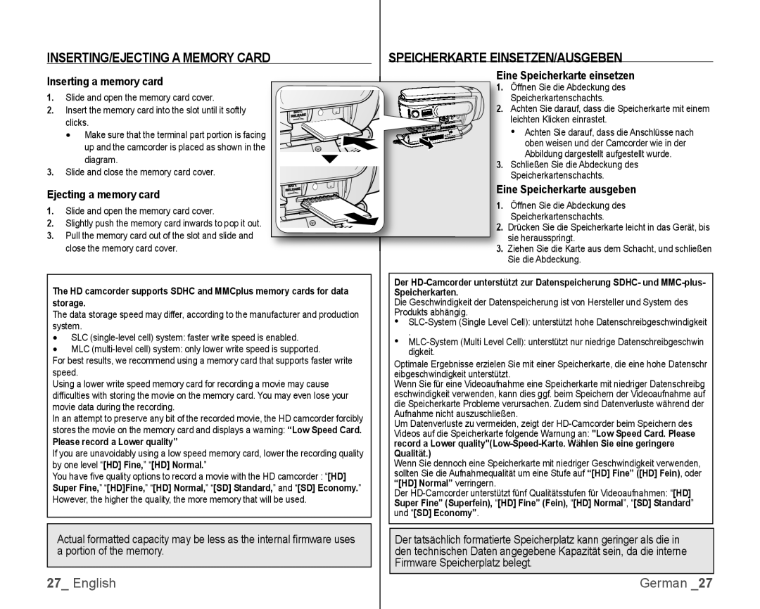 Samsung VP-HMX10C/XEK, VP-HMX10/XEF, VP-HMX10C/XEF manual INSERTING/EJECTING a Memory Card, Speicherkarte EINSETZEN/AUSGEBEN 