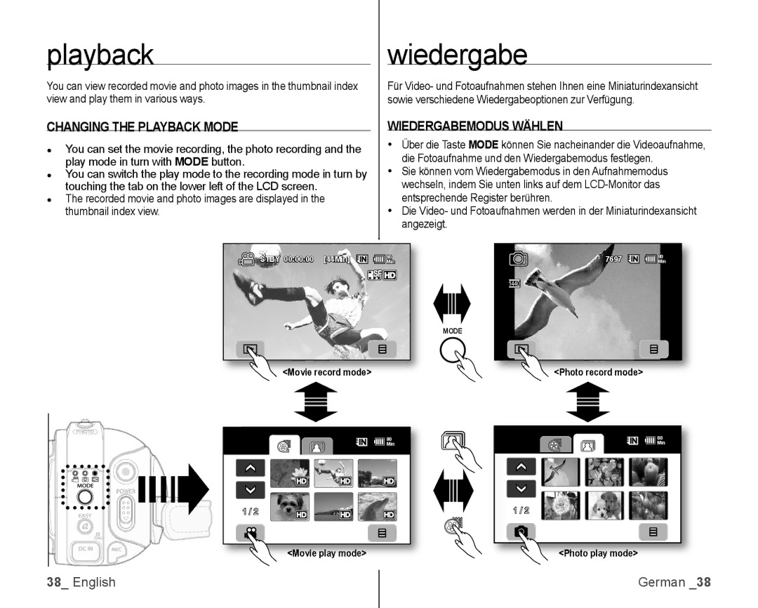 Samsung VP-HMX10A/MEA, VP-HMX10/XEF manual Changing the Playback Mode, Wiedergabemodus Wählen, Movie play mode 