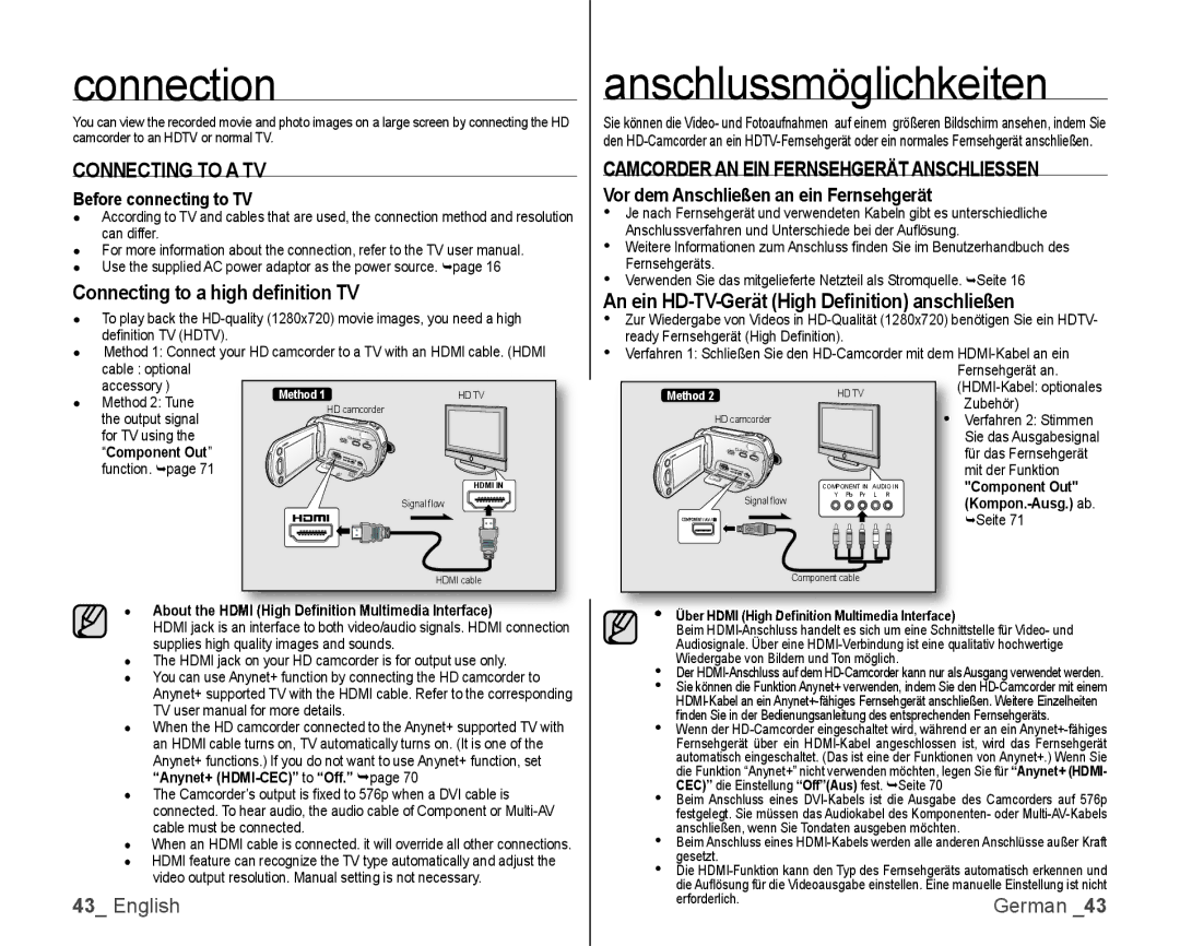 Samsung VP-HMX10/XEE Connection, Anschlussmöglichkeiten, Connecting to a TV, Camcorder AN EIN Fernsehgerät Anschliessen 