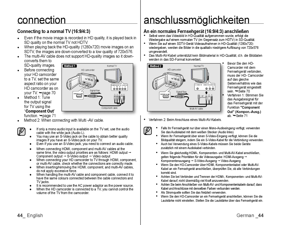 Samsung VP-HMX10C/XER Connecting to a normal TV 169/43, An ein normales Fernsehgerät 169/43 anschließen, Component Out 