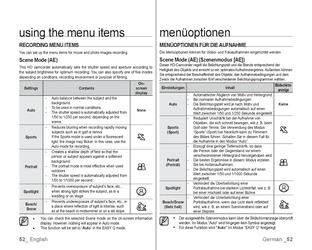 Samsung VP-HMX10C/AND, VP-HMX10/XEF Recording Menu Items, Menüoptionen FÜR DIE Aufnahme, Scene Mode AE Szenenmodus AE 