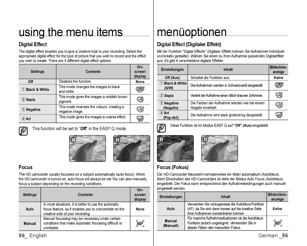 Samsung VP-HMX10A/MEA, VP-HMX10/XEF, VP-HMX10C/XEF, VP-HMX10C/XEE manual Digital Effect Digitaler Effekt, Focus Fokus 