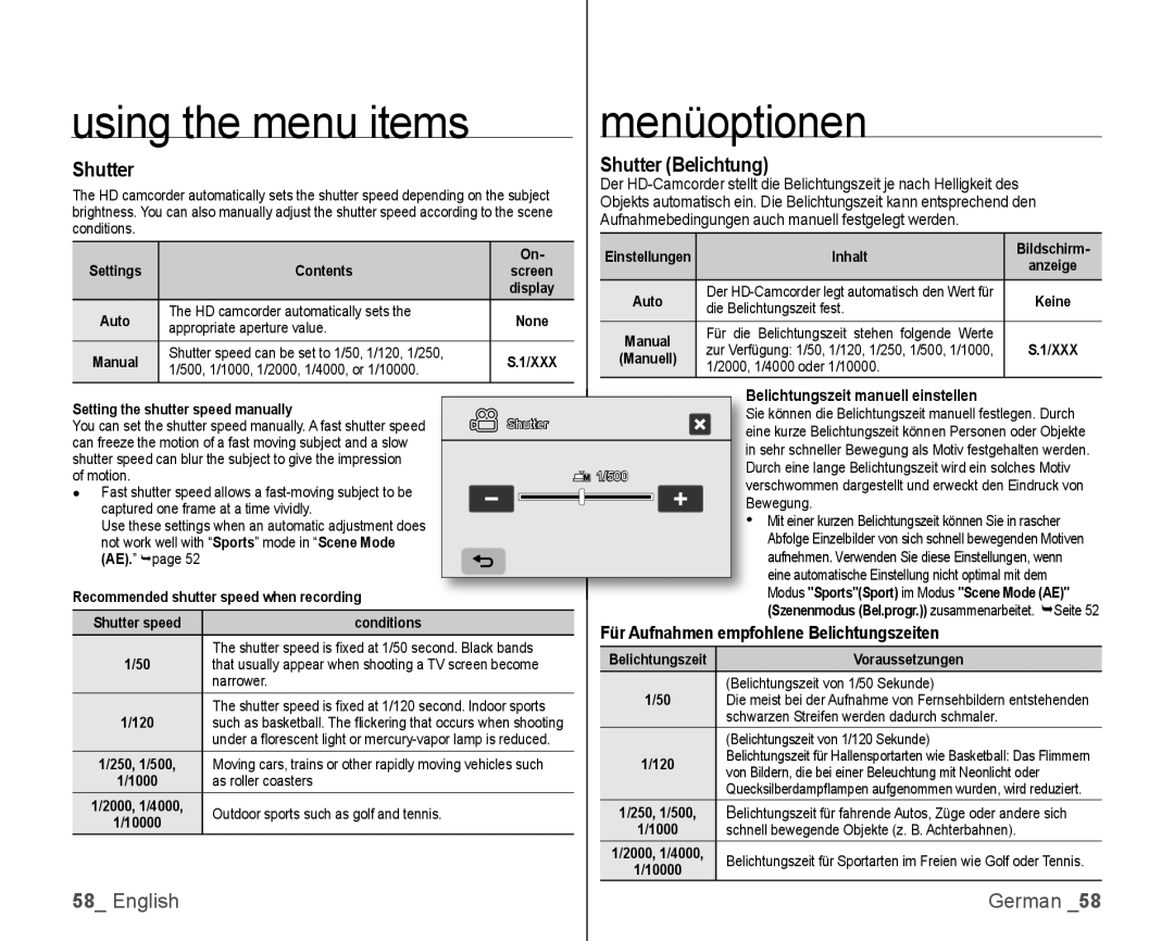 Samsung VP-HMX10ED/MEA, VP-HMX10/XEF, VP-HMX10C/XEF, VP-HMX10C/XEE Shutter Belichtung, Elichtungszeit manuell einstellen 