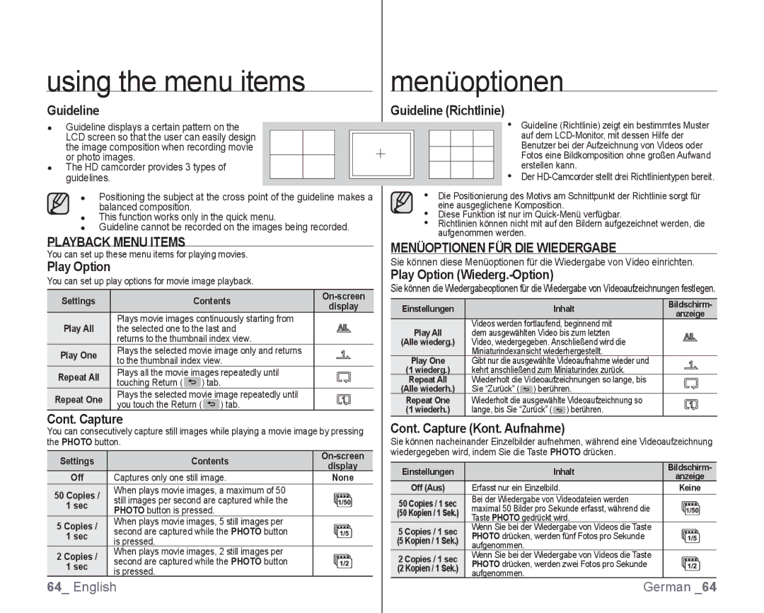 Samsung VP-HMX10/XEF, VP-HMX10C/XEF Menüoptionen FÜR DIE Wiedergabe, Play Option Wiederg.-Option, Guideline Richtlinie 