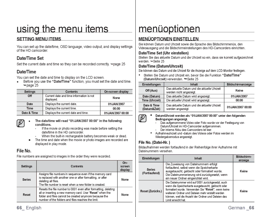 Samsung VP-HMX10C/XEE, VP-HMX10/XEF, VP-HMX10C/XEF manual Setting Menu Items, Date/Time Set, File No, Menüoptionen Einstellen 