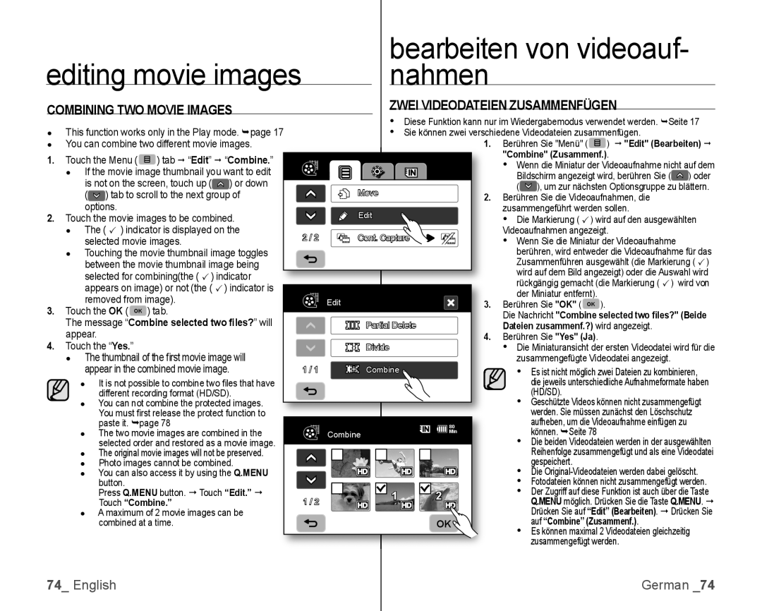 Samsung VP-HMX10A/MEA, VP-HMX10/XEF manual Editing movie images Bearbeiten von videoauf- nahmen, Combining TWO Movie Images 