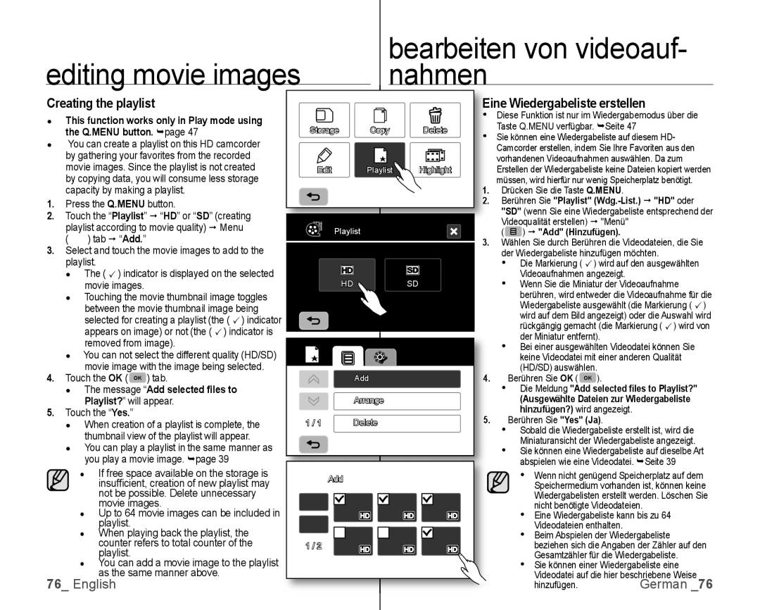 Samsung VP-HMX10ED/MEA Creating the playlist, Q.MENU button. page, Capacity by making a playlist, Press the Q.MENU button 