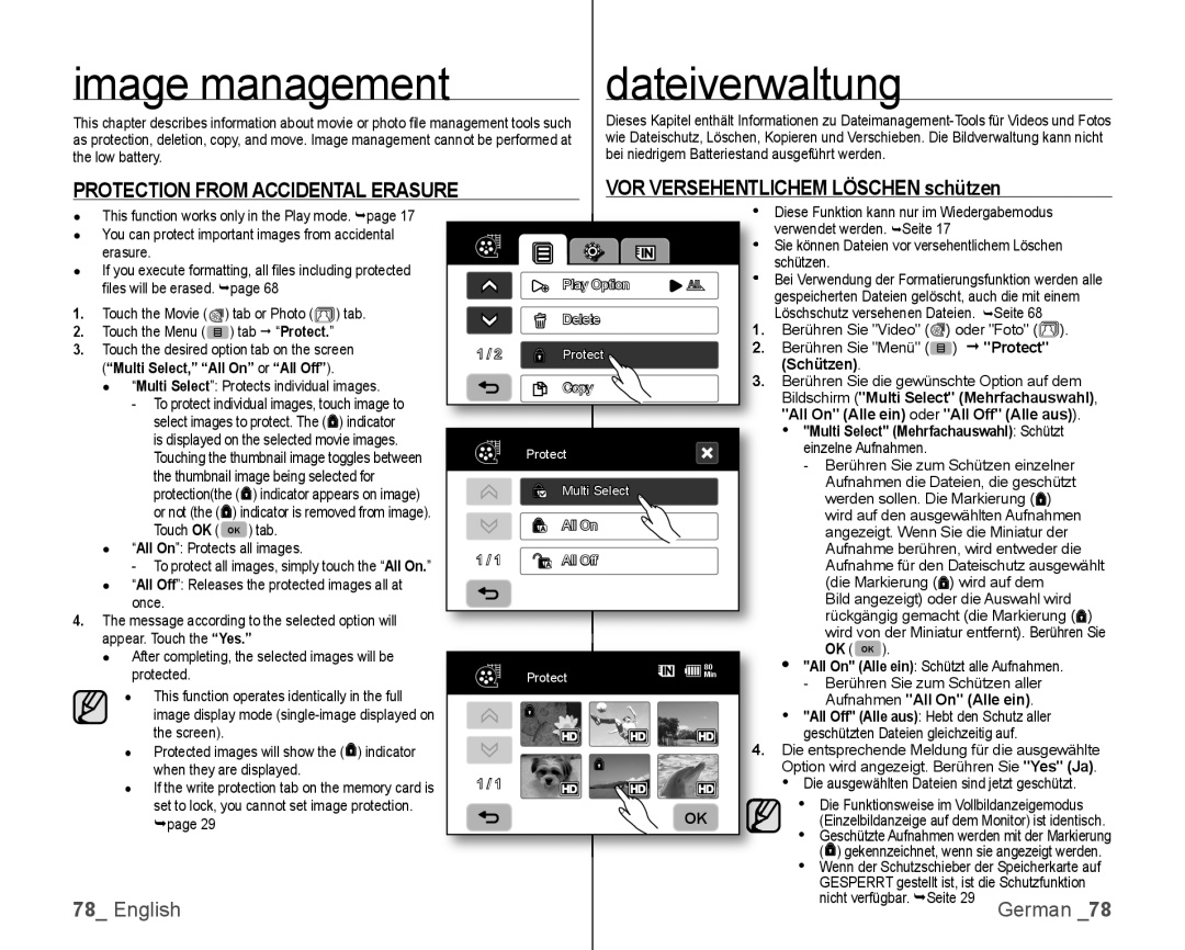 Samsung VP-HMX10C/HAC, VP-HMX10/XEF, VP-HMX10C/XEF Image management, Dateiverwaltung, VOR Versehentlichem Löschen schützen 