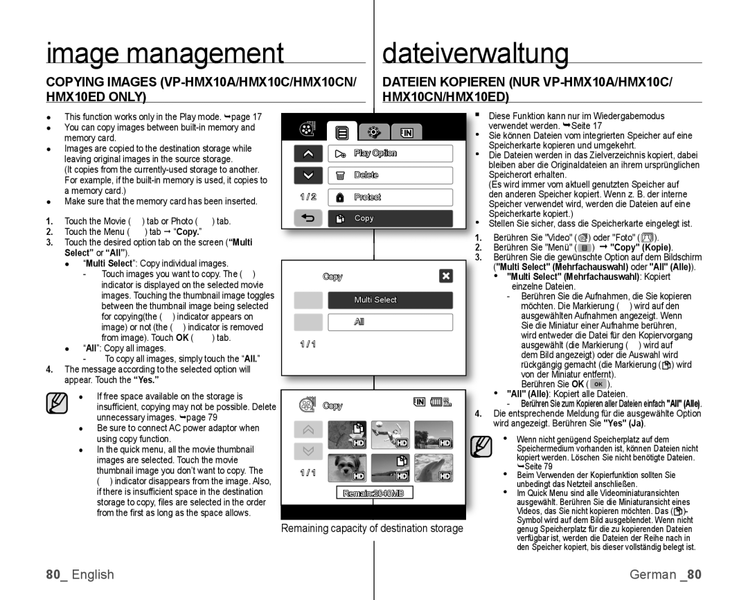 Samsung VP-HMX10C/XER manual Image management dateiverwaltung, Copying Images VP-HMX10A/HMX10C/HMX10CN, HMX10ED only 