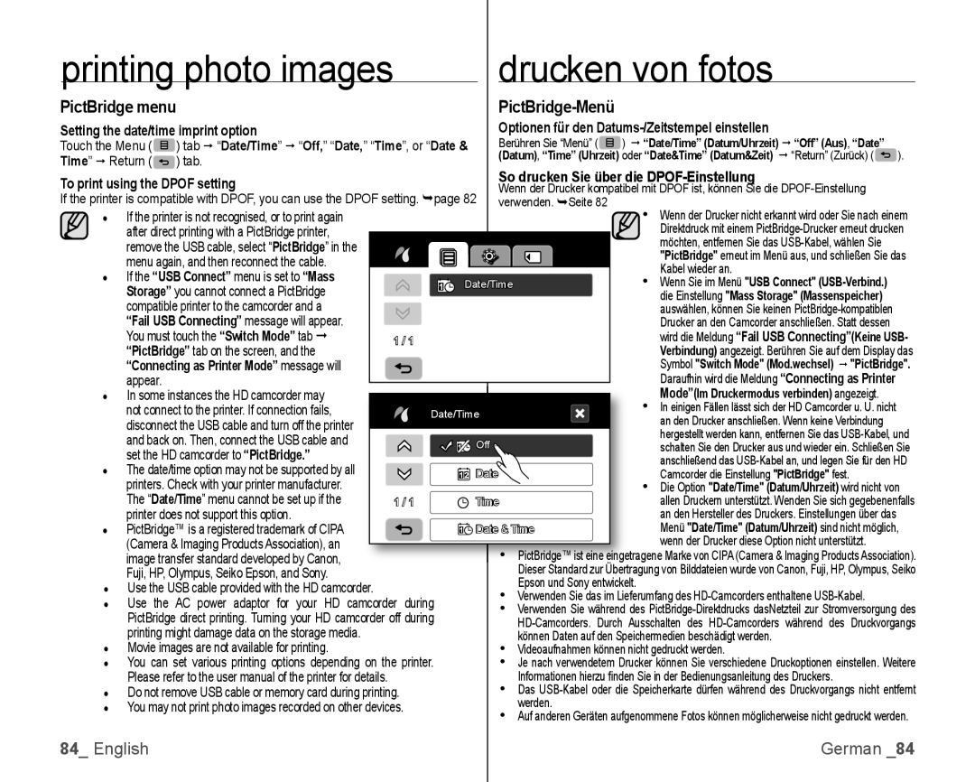 Samsung VP-HMX10C/XEE, VP-HMX10/XEF, VP-HMX10C/XEF Printing photo images Drucken von fotos, PictBridge menu, Touch the Menu 