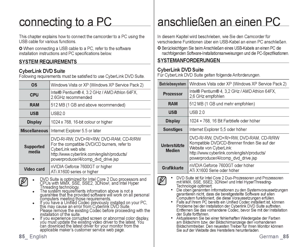 Samsung VP-HMX10C/XEO, VP-HMX10/XEF Connecting to a PC, Anschließen an einen PC, System Requirements, CyberLink DVD Suite 