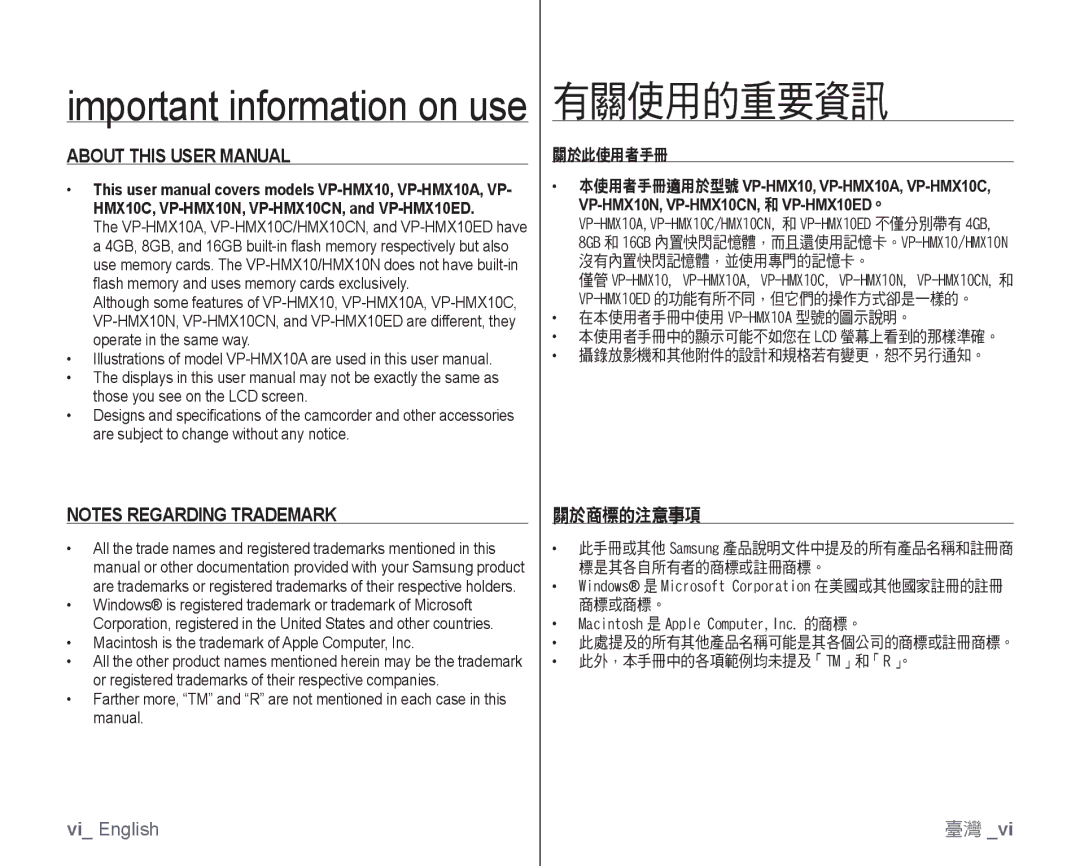 Samsung VP-HMX10C/AND 關於商標的注意事項, 關於此使用者手冊, 沒有內置快閃記憶體，並使用專門的記憶卡。, Windows 是 Microsoft Corporation 在美國或其他國家註冊的註冊 商標或商標。 