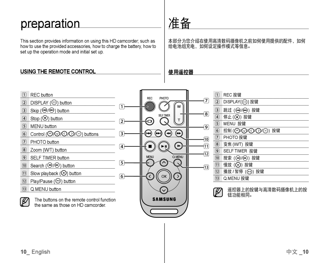 Samsung VP-HMX10/XEF, VP-HMX10C/XEF, VP-HMX10C/XEE, VP-HMX10C/XEO, VP-HMX10A/XEO Preparation, Using the Remote Control, 使用遥控器 