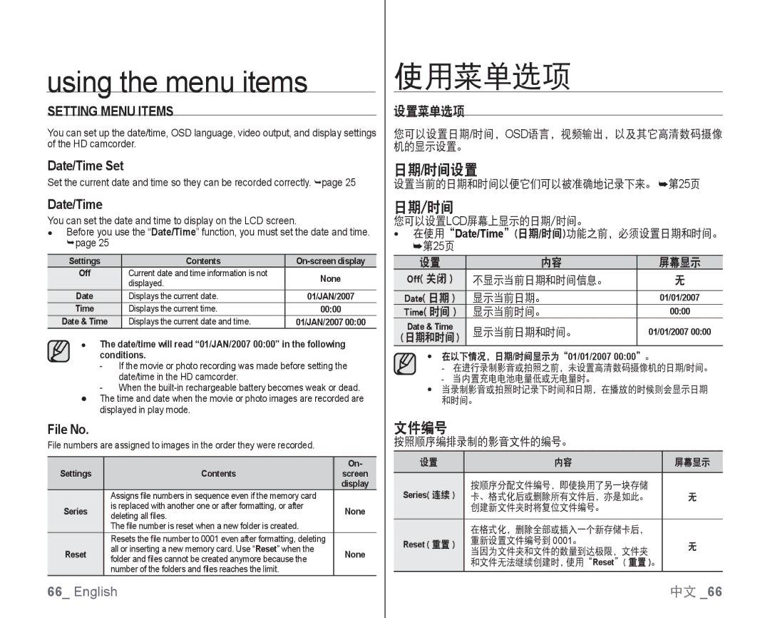 Samsung VP-HMX10C/XEE, VP-HMX10/XEF, VP-HMX10C/XEF, VP-HMX10C/XEO, VP-HMX10A/XEO manual 日期/时间设置, 文件编号, Setting Menu Items 