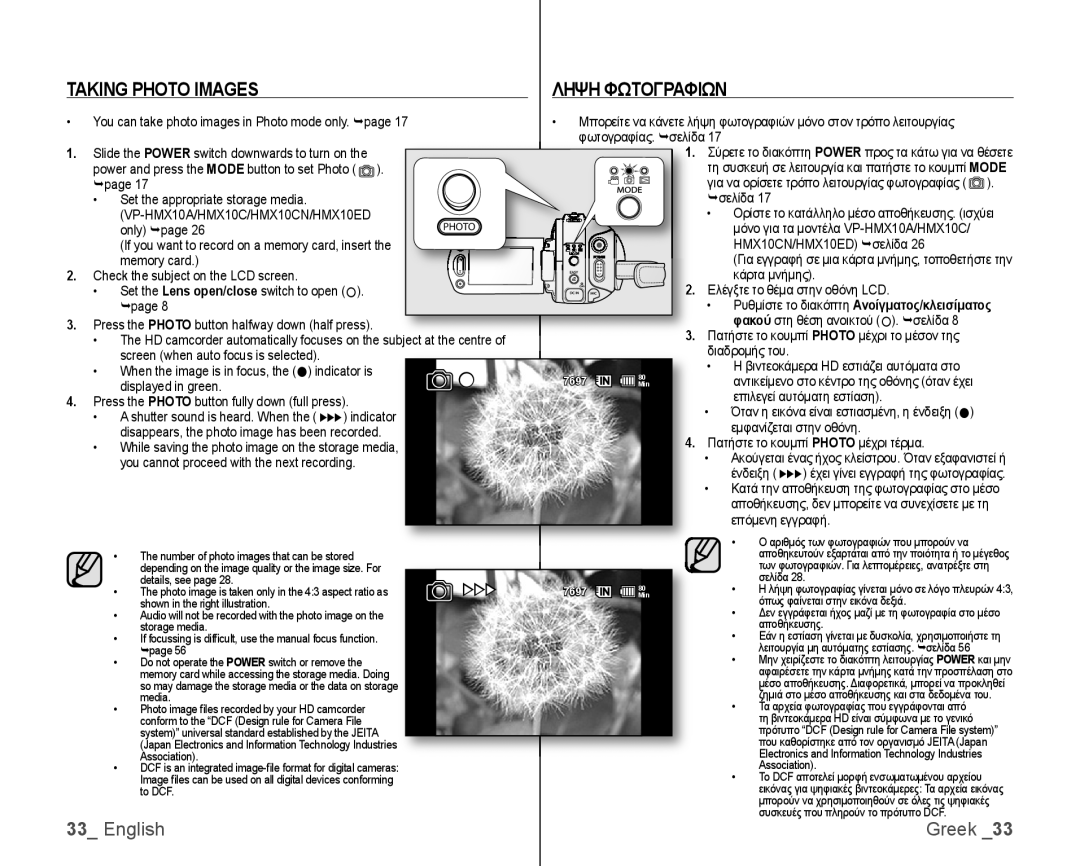 Samsung VP-HMX10/XEO, VP-HMX10/XEF, VP-HMX10C/XEF, VP-HMX10C/XEE, VP-HMX10C/XEO manual Taking Photo Images Ληψη Φωτογραφιων 