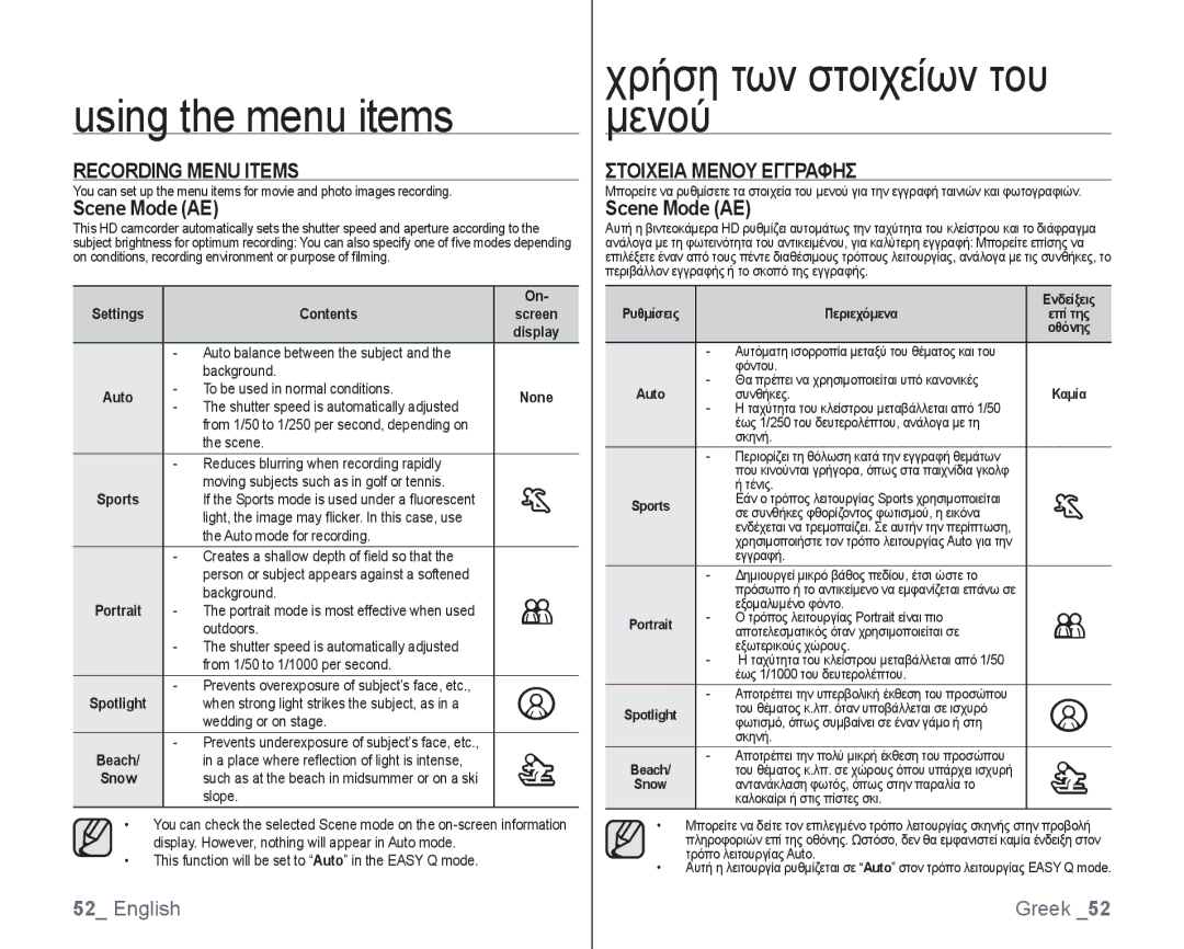 Samsung VP-HMX10C/AND Recording Menu Items, Scene Mode AE, Στοιχεια Μενου Εγγραφησ, SettingsContentsscreen display, None 