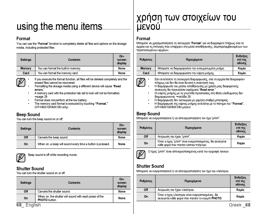 Samsung VP-HMX10A/XEO, VP-HMX10/XEF, VP-HMX10C/XEF, VP-HMX10C/XEE, VP-HMX10C/XEO manual Format, Beep Sound, Shutter Sound 