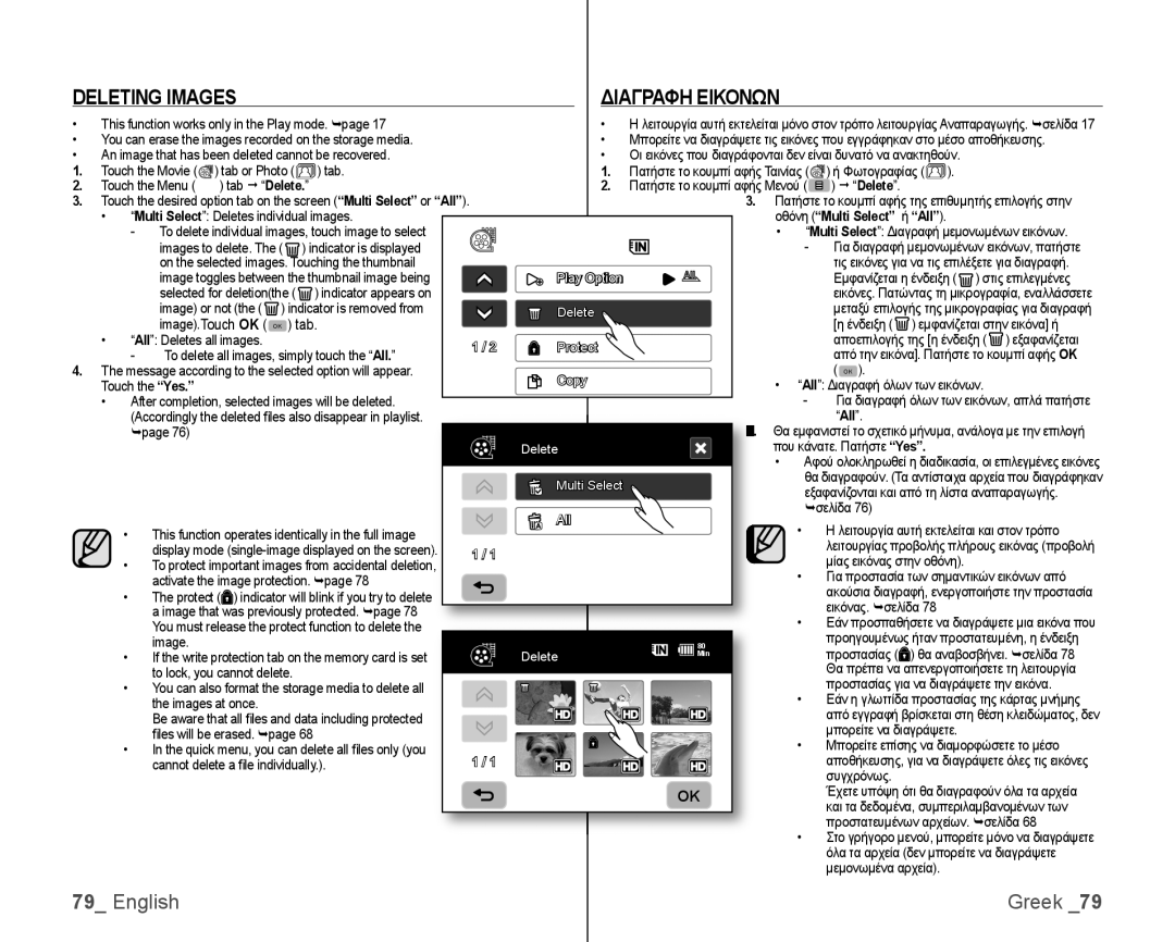 Samsung VP-HMX10/XEE manual Deleting Images Διαγραφη Εικονων, Image.Touch OK OK tab,  Delete, Οθόνη Multi Select ή All 