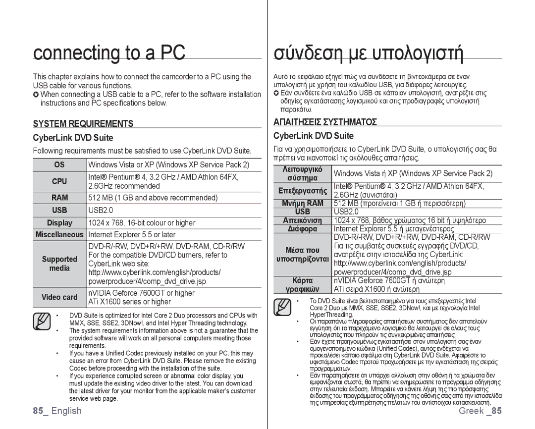 Samsung VP-HMX10C/XEO, VP-HMX10/XEF Connecting to a PC, Σύνδεση με υπολογιστή, System Requirements, CyberLink DVD Suite 