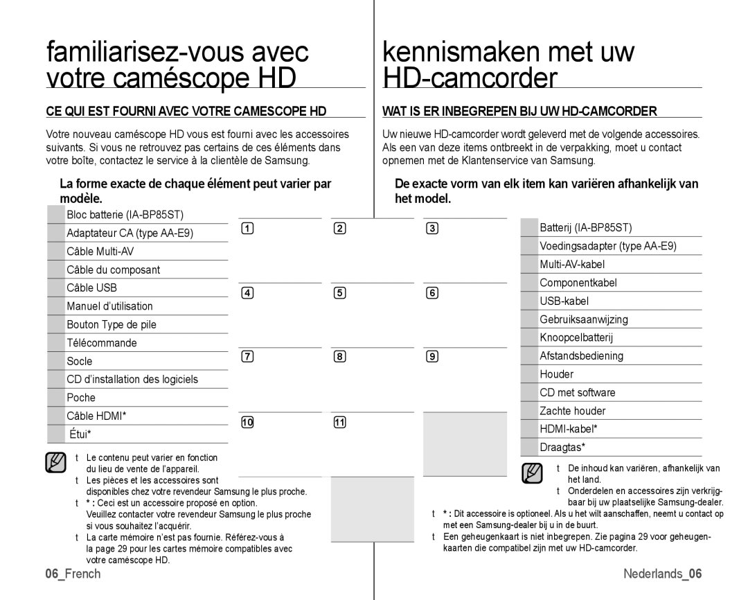 Samsung VP-HMX10/XEF, VP-HMX10C/XEF Kennismaken met uw HD-camcorder, CE QUI EST Fourni Avec Votre Camescope HD, 06French 