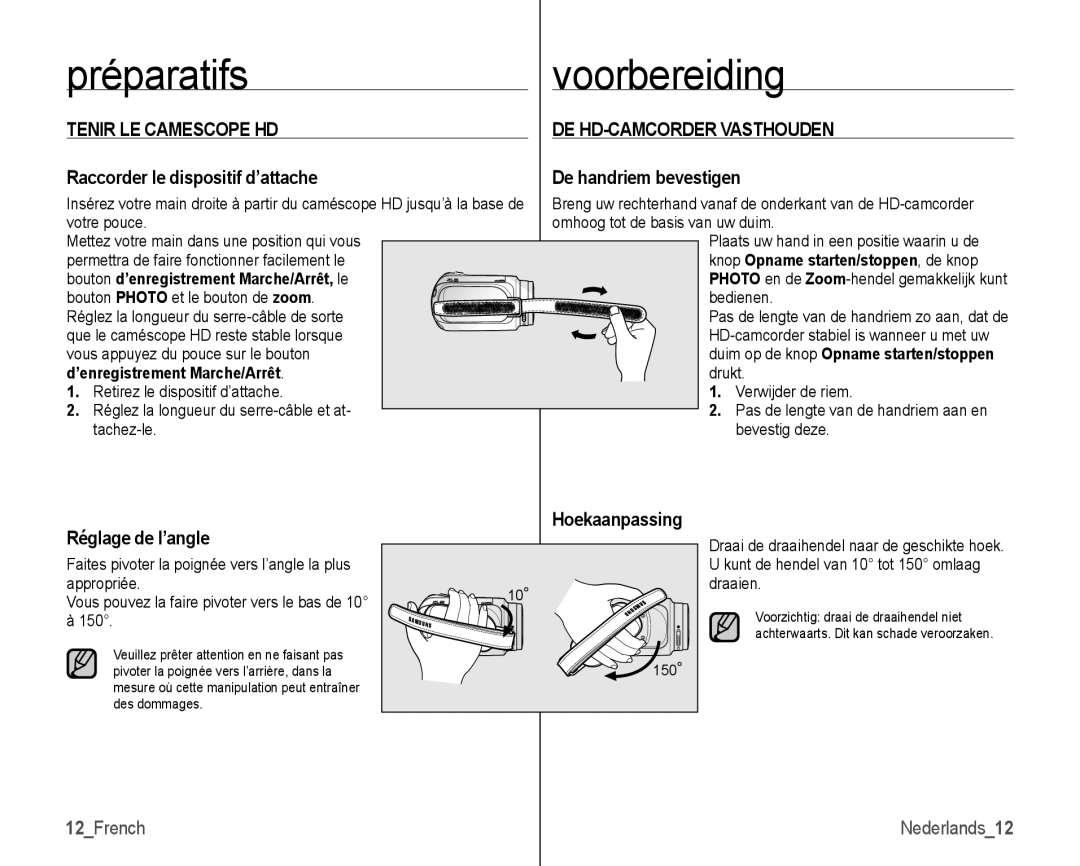 Samsung VP-HMX10/XEF, VP-HMX10C/XEF manual Préparatifsvoorbereiding, Tenir LE Camescope HD, DE HD-CAMCORDER Vasthouden 