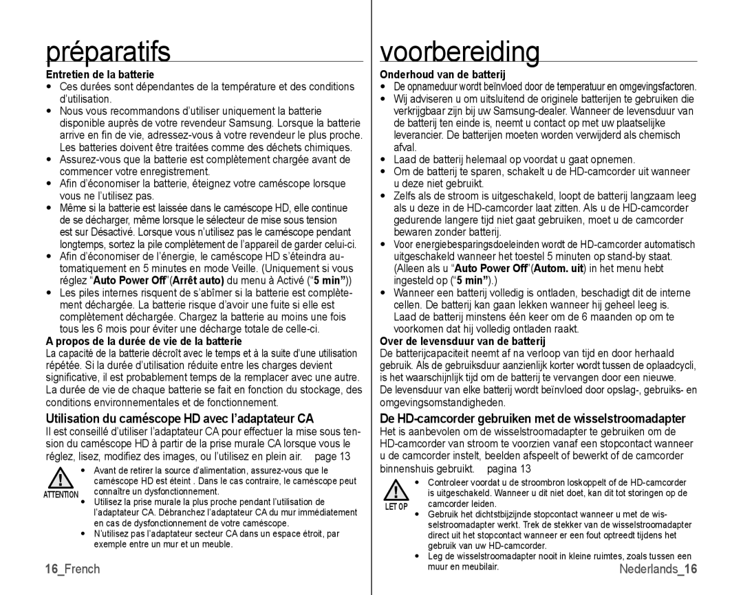 Samsung VP-HMX10/XEF, VP-HMX10C/XEF manual Utilisation du caméscope HD avec l’adaptateur CA, 16French 