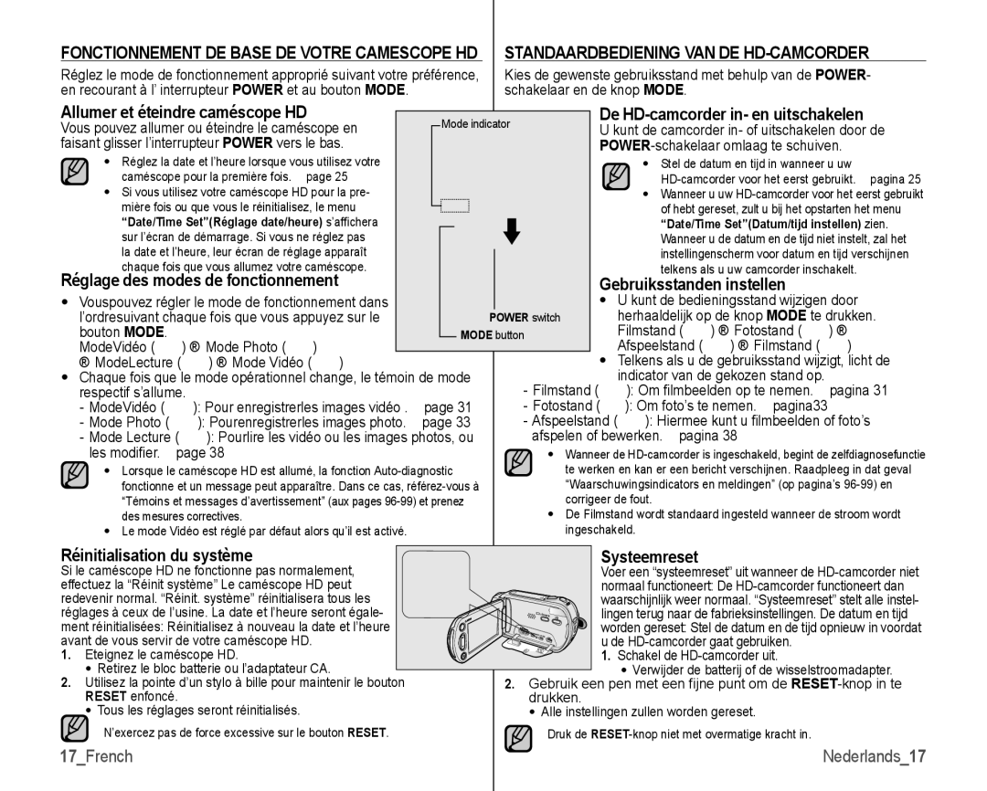 Samsung VP-HMX10C/XEF manual Réinitialisation du système, Ysteemreset, 17French, De HD-camcorder in- en uitschakelen 