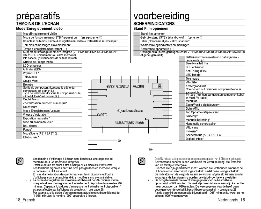 Samsung VP-HMX10/XEF manual Temoins DE L’ECRAN, Schermindicators, 18French, Mode Enregistrement vidéo, Stand Film opnemen 