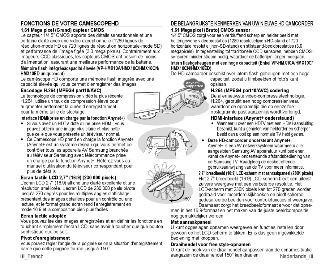 Samsung VP-HMX10C/XEF, VP-HMX10/XEF manual Fonctions DE Votre Camescopehd, IiiFrench 