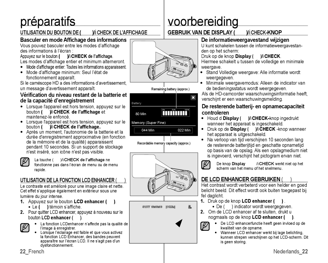 Samsung VP-HMX10/XEF, VP-HMX10C/XEF manual Utilisation DE LA Fonction LCD Enhancer, LCD Enhancer Gebruiken 