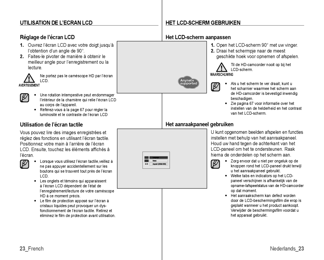 Samsung VP-HMX10C/XEF, VP-HMX10/XEF manual Utilisation DE L’ECRAN LCD, HET LCD-SCHERM Gebruiken 