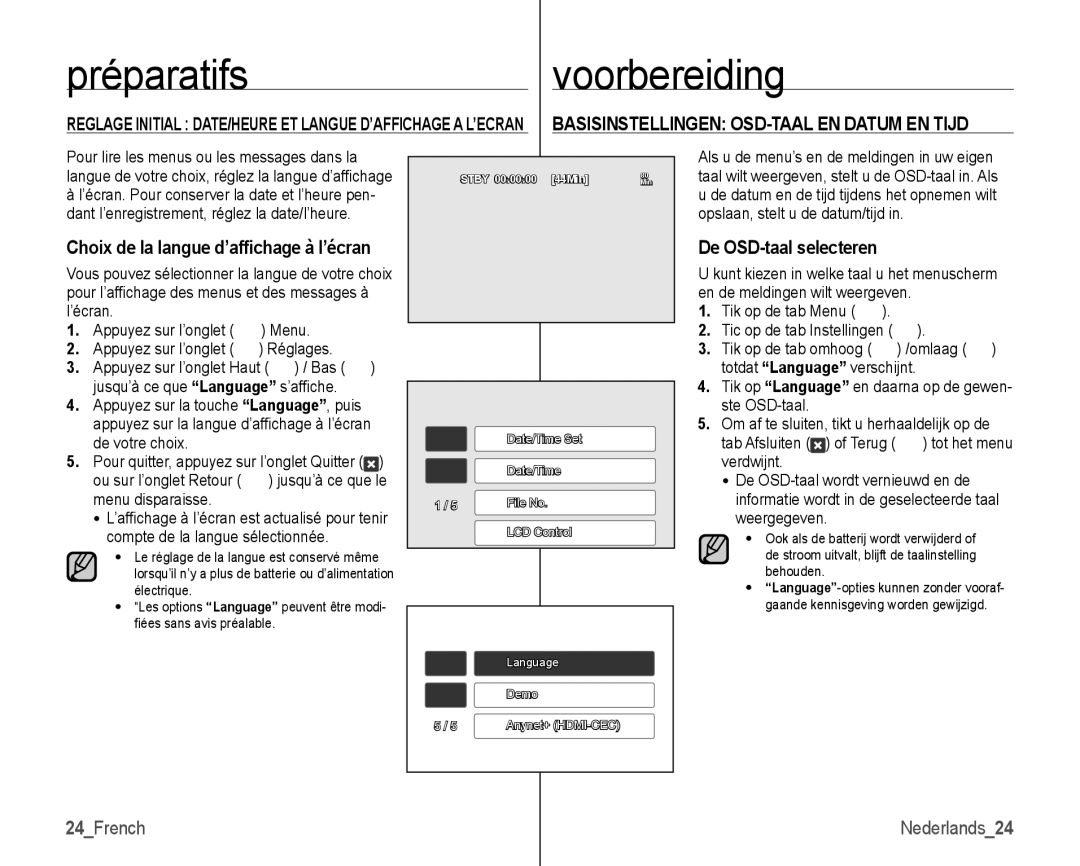 Samsung VP-HMX10/XEF, VP-HMX10C/XEF manual Basisinstellingen OSD-TAAL EN Datum EN Tijd, De OSD-taal selecteren, 24French 