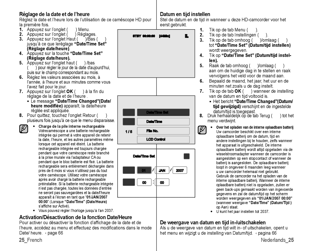 Samsung VP-HMX10C/XEF, VP-HMX10/XEF manual Datum en tijd instellen, 25French, Réglage de la date et de l’heure 