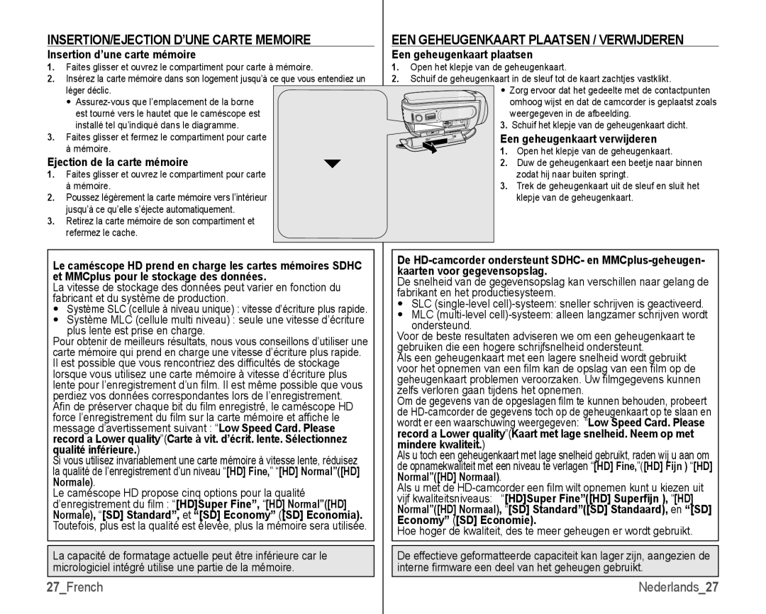 Samsung VP-HMX10C/XEF manual INSERTION/EJECTION D’UNE Carte Memoire, EEN Geheugenkaart Plaatsen / Verwijderen, 27French 