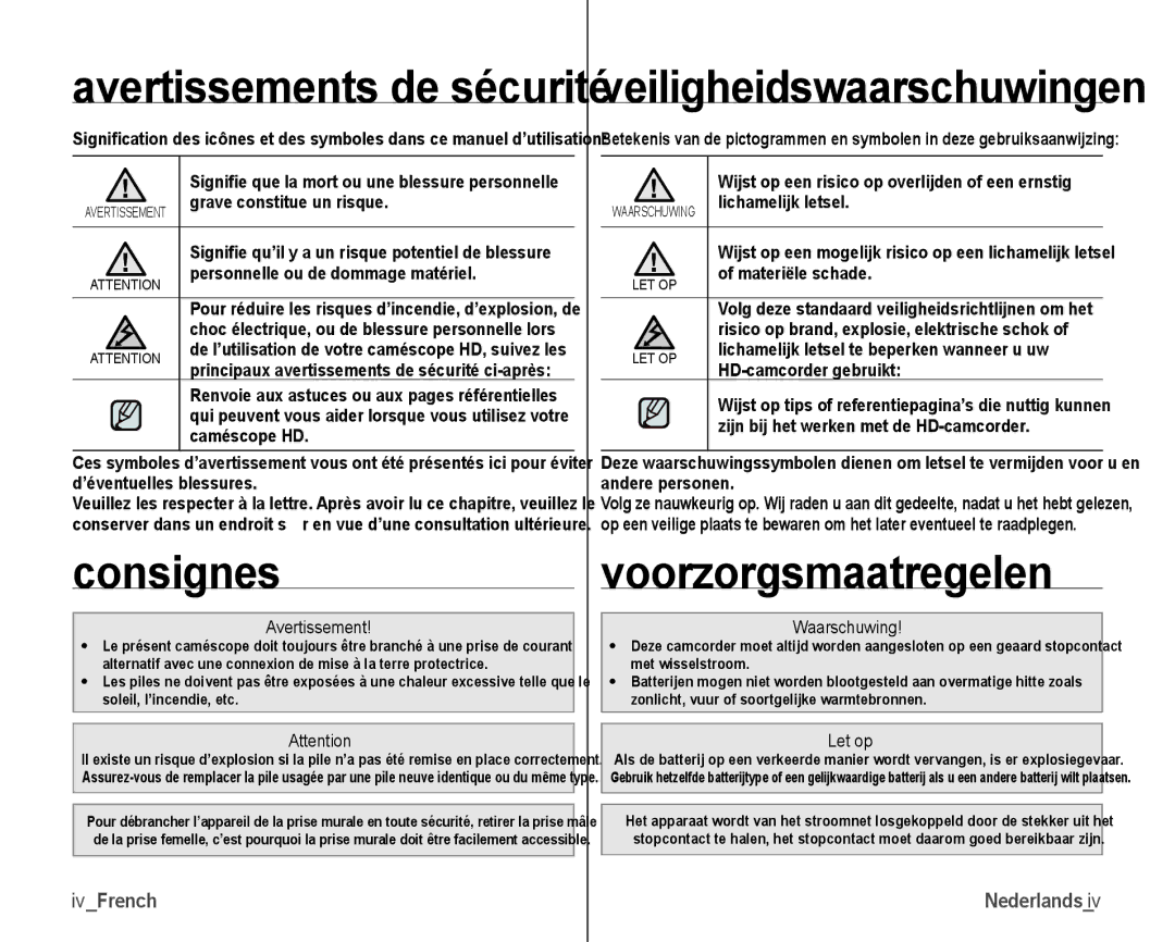 Samsung VP-HMX10/XEF, VP-HMX10C/XEF manual Consignes, Voorzorgsmaatregelen, IvFrench 