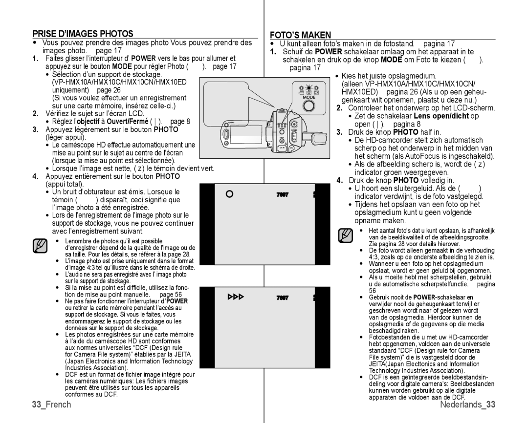 Samsung VP-HMX10C/XEF, VP-HMX10/XEF manual Prise D’IMAGES Photos FOTO’S Maken, 33French 