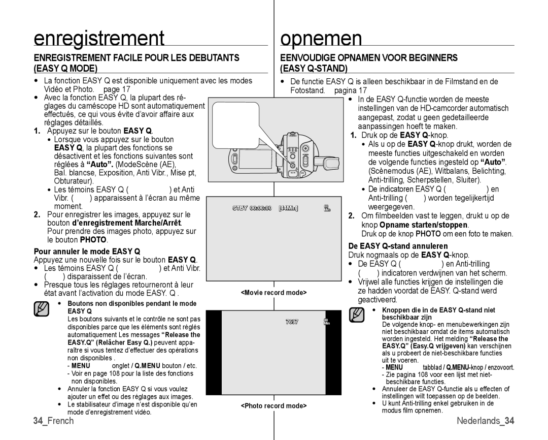 Samsung VP-HMX10/XEF Enregistrement Opnemen, 34French Nederlands34, Easy Q-stand annuleren Pour annuler le mode Easy Q 