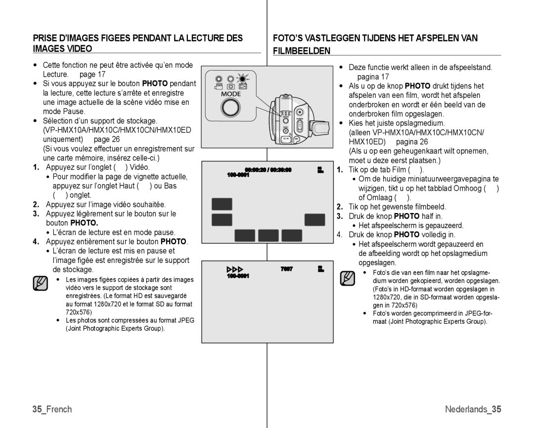 Samsung VP-HMX10C/XEF manual 35French, Appuyez sur l’onglet Vidéo, Deze functie werkt alleen in de afspeelstand  pagina 