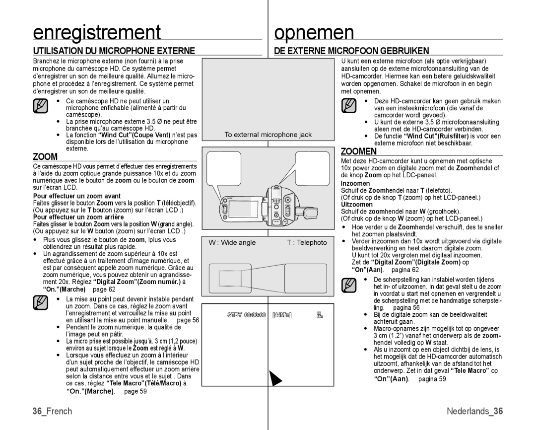 Samsung VP-HMX10/XEF, VP-HMX10C/XEF manual DE Externe Microfoon Gebruiken, Zoom, 36French 