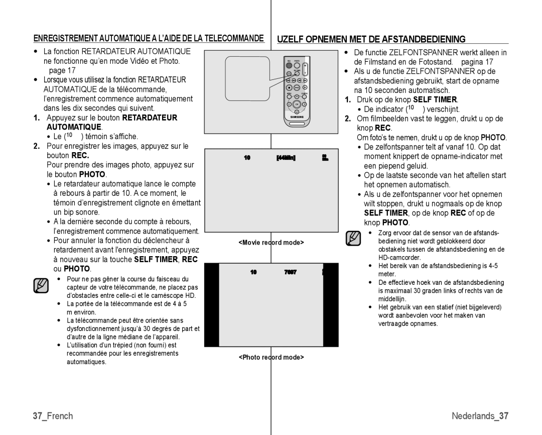 Samsung VP-HMX10C/XEF, VP-HMX10/XEF manual 37French, Nouveau sur la touche Self TIMER, REC ou Photo, Movie record mode 