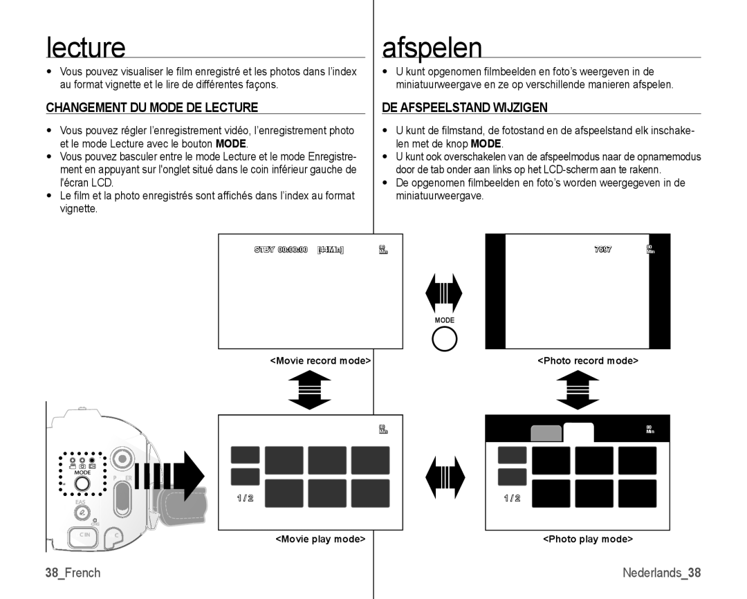 Samsung VP-HMX10/XEF, VP-HMX10C/XEF manual Afspelen, Changement DU Mode DE Lecture, DE Afspeelstand Wijzigen, 38French 