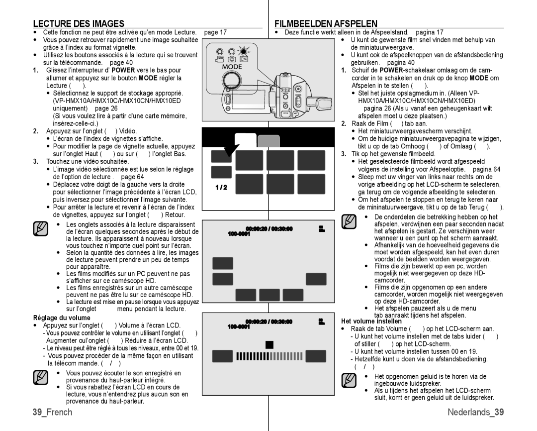 Samsung VP-HMX10C/XEF, VP-HMX10/XEF manual Lecture DES Images, 39French, Réglage du volume, Et volume instellen 