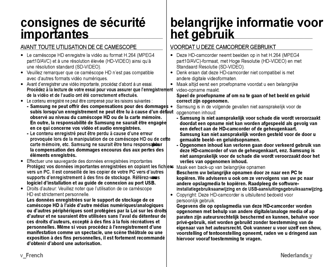 Samsung VP-HMX10C/XEF manual Belangrijke informatie voor het gebruik, Avant Toute Utilisation DE CE Camescope, VFrench 