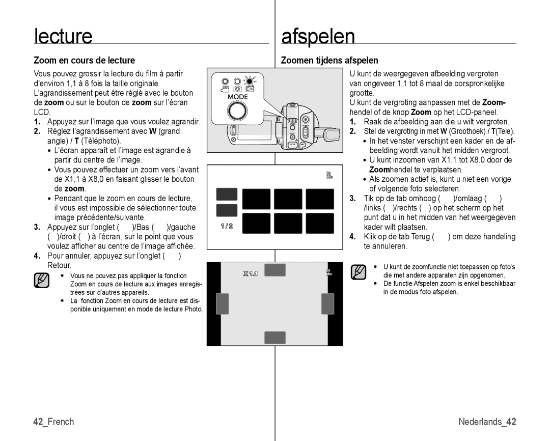 Samsung VP-HMX10/XEF, VP-HMX10C/XEF manual Lectureafspelen, Zoom en cours de lecture, 42French, Zoomen tijdens afspelen 